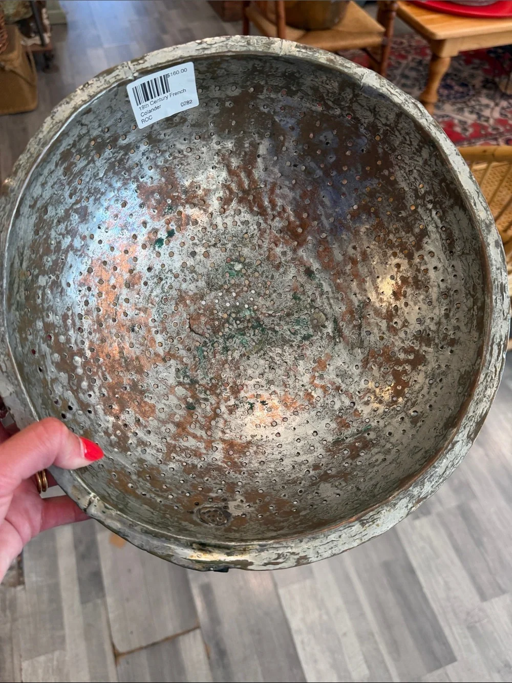19th Century French Copper Metal Colander - Distressed Silver with Patina